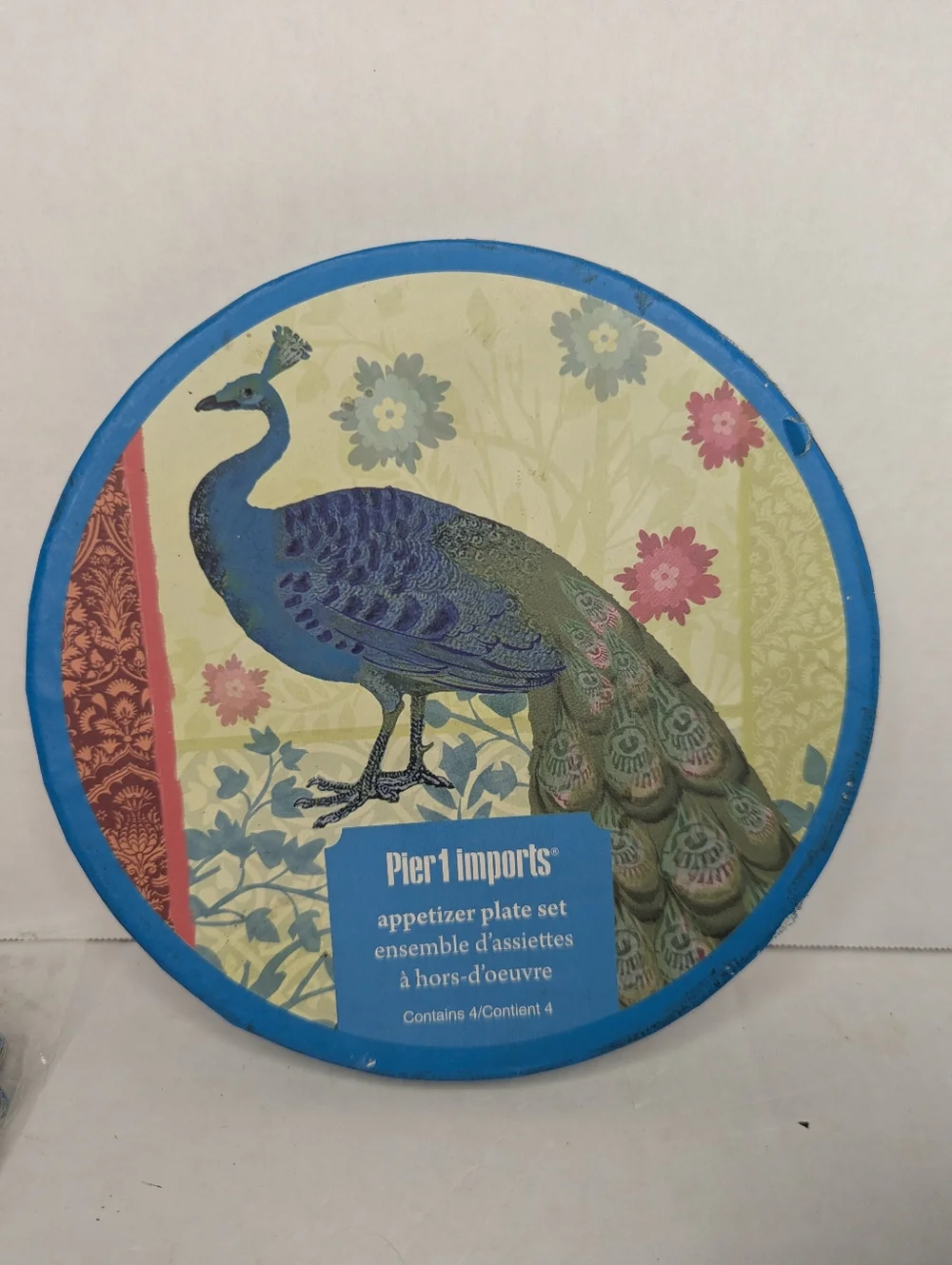 Pier 1 Peacock 4 Foil Glass App Plates Set And 15 Pc Die Cut Coasters Set Bundle
